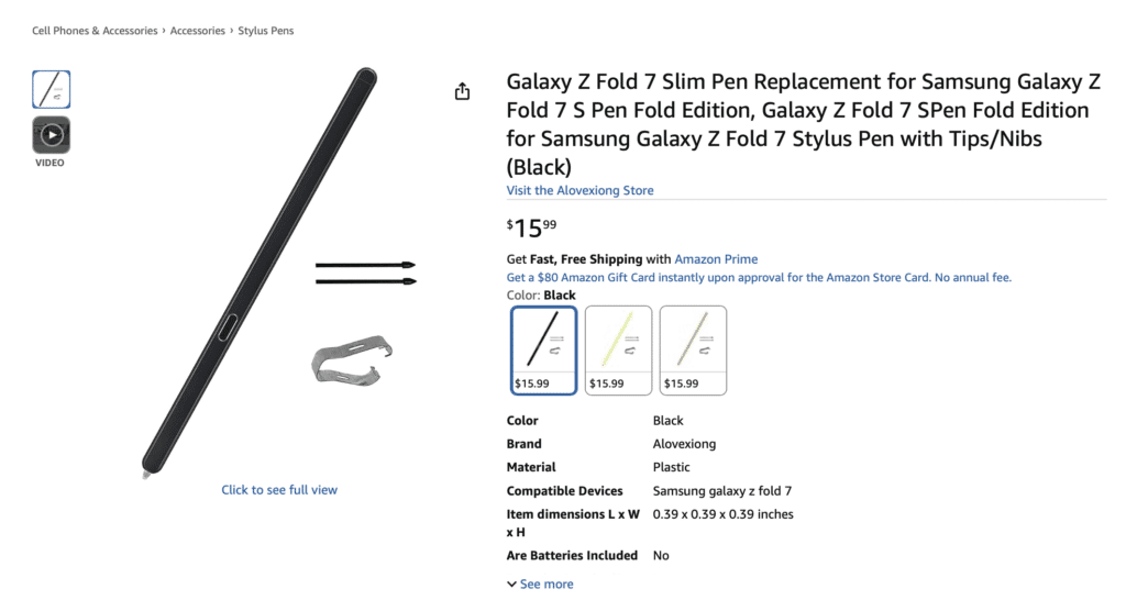 Galaxy Z Fold 7 S Pen Third party on Amazon